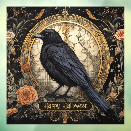 Halloween Party Evil Black Crow Oranje Bloemen Raamsticker (Vel 3)