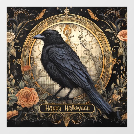 Halloween Party Evil Black Crow Oranje Bloemen Raamsticker (Vel)