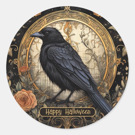 Halloween Party Evil Black Crow Oranje Bloemen Ronde Sticker (Voorkant)