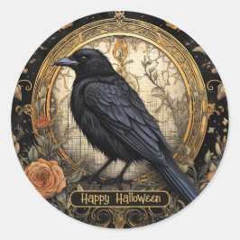 Halloween Party Evil Black Crow Oranje Bloemen Ronde Sticker