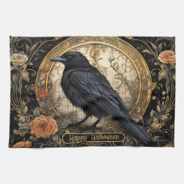 Halloween Party Evil Black Crow Oranje Bloemen Theedoek