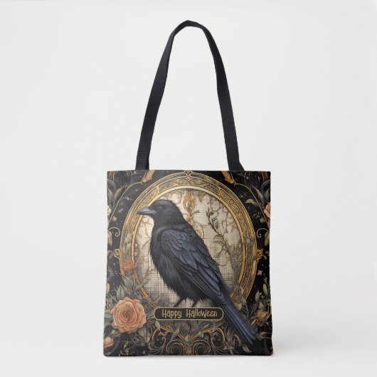 Halloween Party Evil Black Crow Oranje Bloemen Tote Bag (Voorkant)