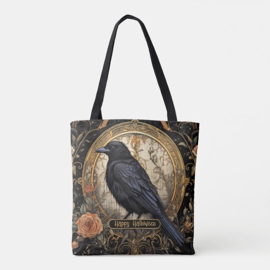 Halloween Party Evil Black Crow Oranje Bloemen Tote Bag (Achterkant)