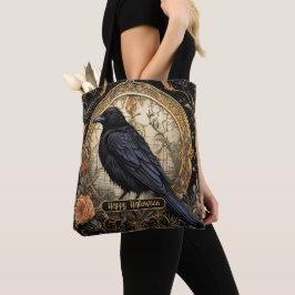 Halloween Party Evil Black Crow Oranje Bloemen Tote Bag