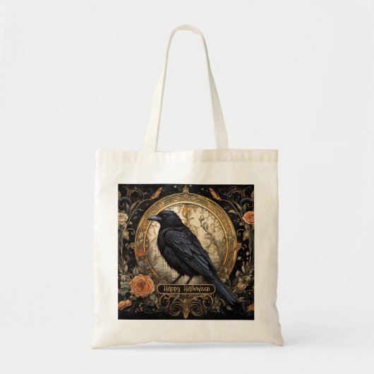 Halloween Party Evil Black Crow Oranje Bloemen Tote Bag (Voorkant)