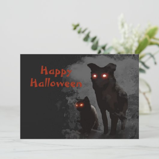 Halloween Party Evil Zwarte Kat En Hond Kaart (Staand voorkant)
