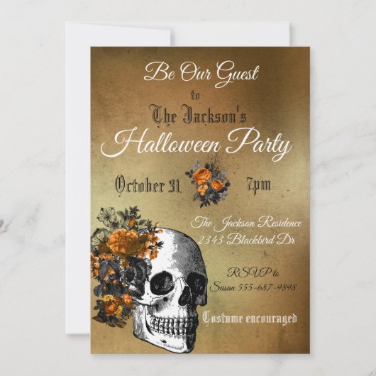 Halloween Party  Flower Skull Oranje Black Kaart (Voorkant)