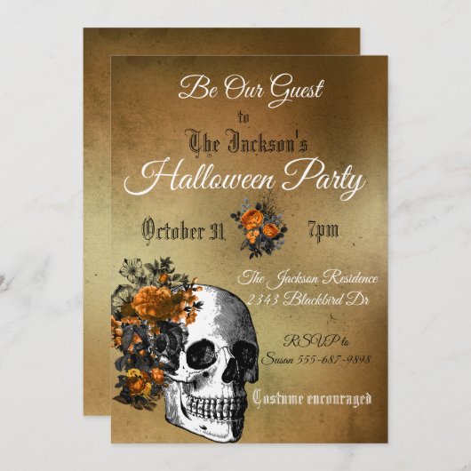 Halloween Party  Flower Skull Oranje Black Kaart (Voorkant / Achterkant)