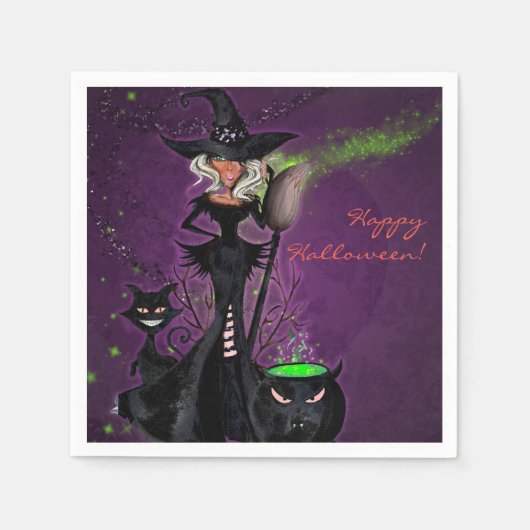 Halloween Party Glam Witch in Black Green Paars Servetten (Voorkant)
