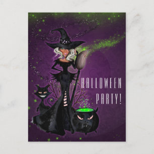 Halloween Party Glam Witch in Black Green Paars Uitnodiging Briefkaart