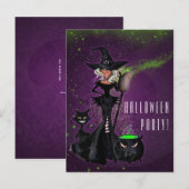 Halloween Party Glam Witch in Black Green Paars Uitnodiging Briefkaart (Voorkant / Achterkant)