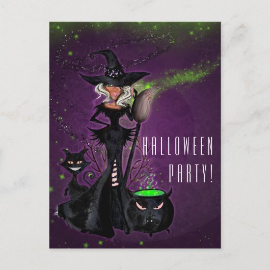 Halloween Party Glam Witch in Black Green Paars Uitnodiging Briefkaart (Voorkant)