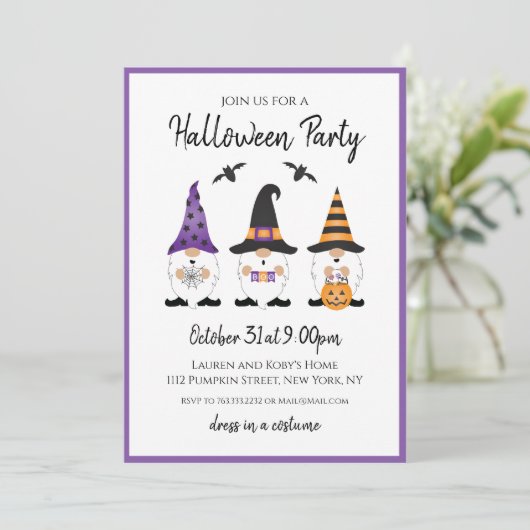 Halloween Party Gnomes Paars Sinaasappel Kaart (Staand voorkant)