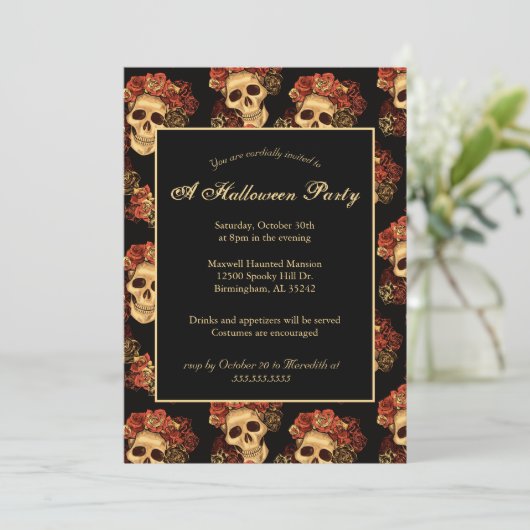 Halloween Party Gothic Skull Black Red Rose Crown Kaart (Staand voorkant)