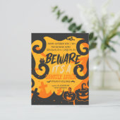 Halloween party, grappig, eng pompoen uitnodiging (Staand voorkant)