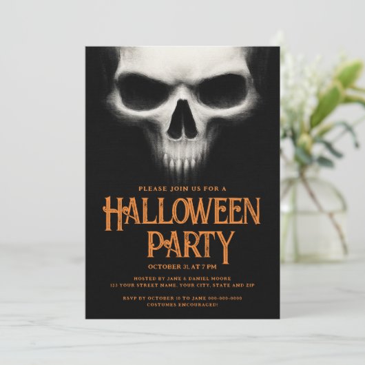Halloween party griezelige spookschedel zwart sina kaart (Staand voorkant)
