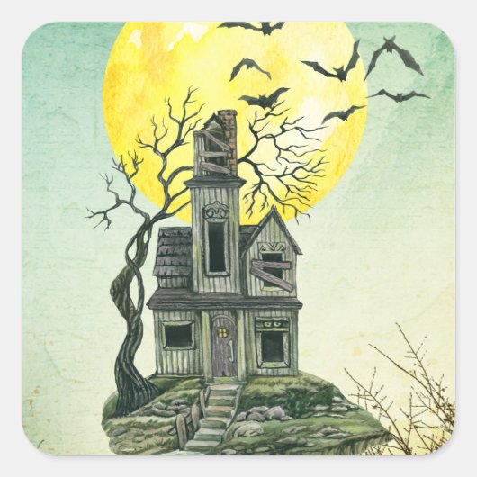 Halloween Party Hauning House Full Moon Vierkante Sticker (Voorkant)