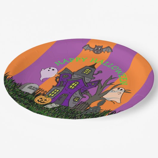 Halloween party Haunted House, Black Cat en Ghost Papieren Bordje (Gekanteld)