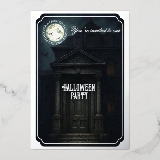 Halloween Party - Haunted Mansion en volle maan Folie Uitnodiging (Voorkant)