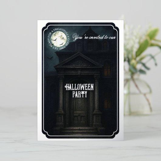 Halloween Party - Haunted Mansion en volle maan Folie Uitnodiging (Staand Voorkant)