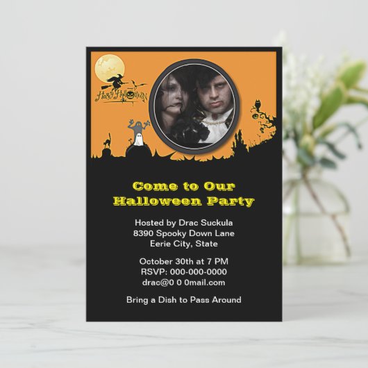Halloween Party, Heks, Ghost, Cat, Voeg uw foto to Kaart (Staand voorkant)
