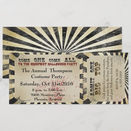 Halloween Party Invitation Circus Ticket Kaart (Voorkant / Achterkant)