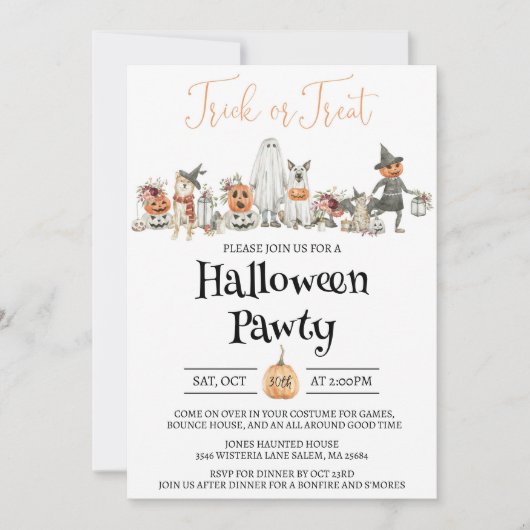 Halloween Party Invitation, Een Kinder en Hondenfe Kaart (Voorkant)
