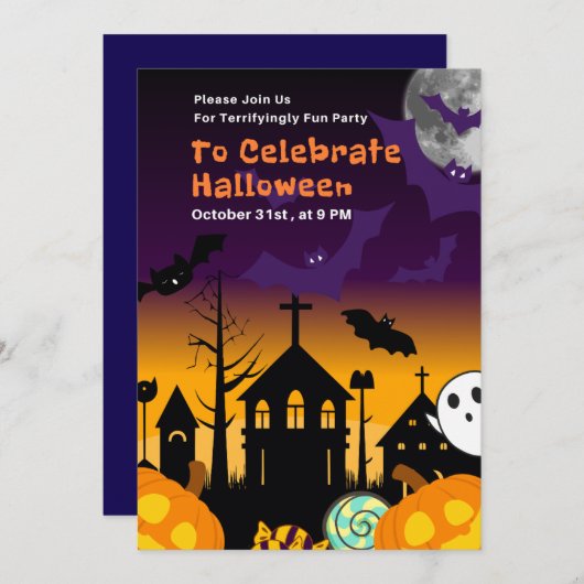 Halloween Party Invitation or Terrifyingly Fun Hal Kaart (Voorkant / Achterkant)
