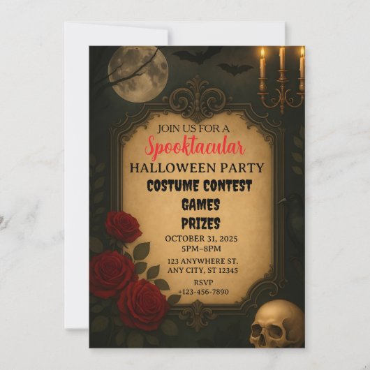 Halloween Party Invitation Schedel rode bloem maan Kaart (Voorkant)