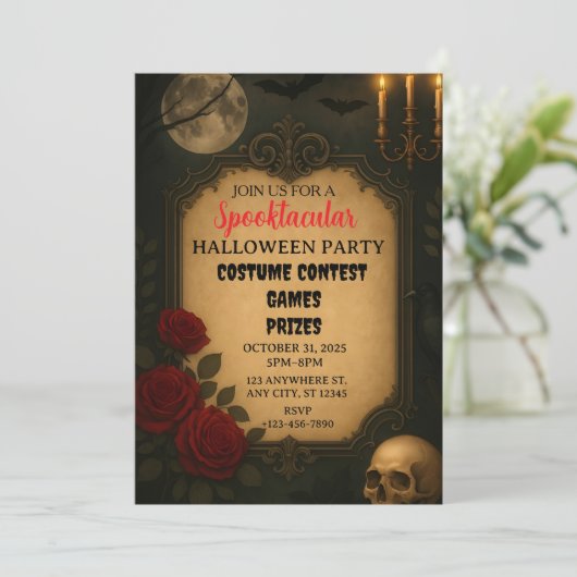 Halloween Party Invitation Schedel rode bloem maan Kaart (Staand voorkant)