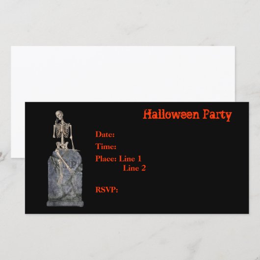 Halloween Party Invitation Skeleton Tombstone Kaar (Voorkant / Achterkant)