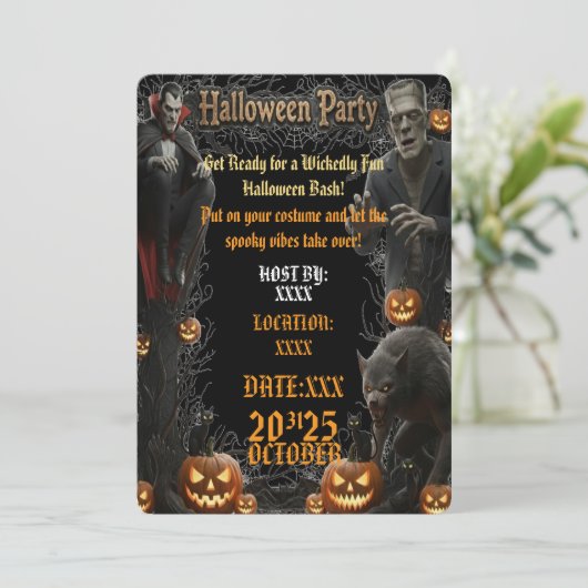 Halloween Party Invitation Spooky Monsters Frame Kaart (Staand voorkant)