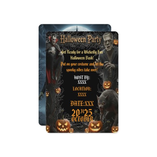 Halloween Party Invitation Spooky Monsters Frame Kaart (Voorkant / Achterkant in situ)