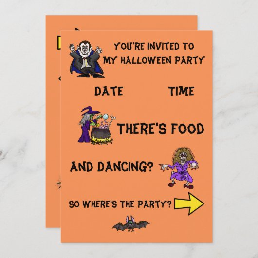 Halloween Party Invitation w Fun Graphics, 2-zijdi Kaart (Voorkant / Achterkant)