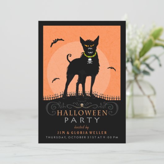 Halloween Party Invite - Scary Dog under the Moon Kaart (Staand voorkant)