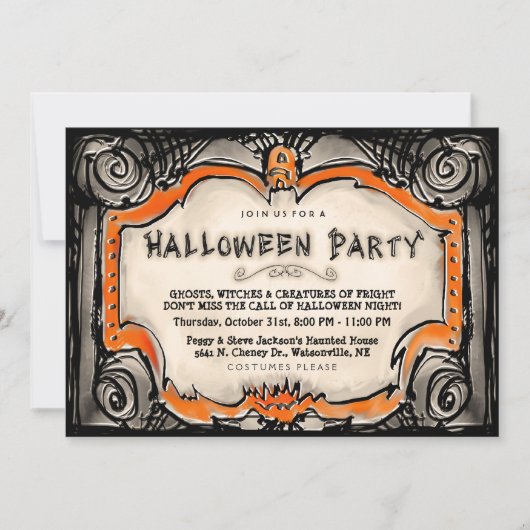 Halloween Party Invite - Zwarte & Oranje grens Kaart (Voorkant)