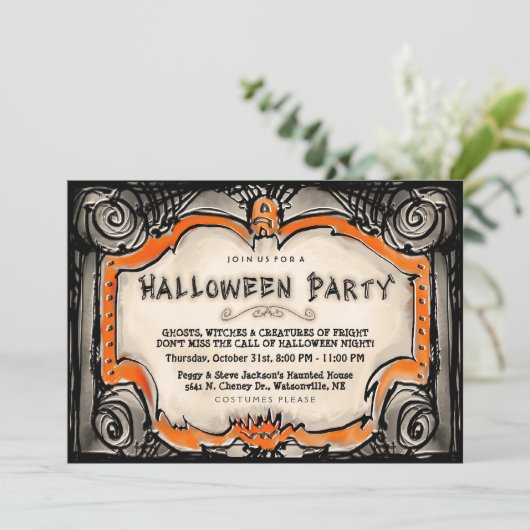 Halloween Party Invite - Zwarte & Oranje grens Kaart (Staand voorkant)