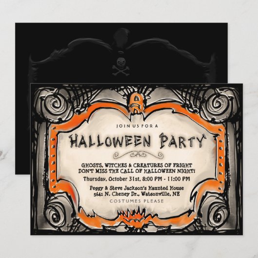 Halloween Party Invite - Zwarte & Oranje grens Kaart (Voorkant / Achterkant)