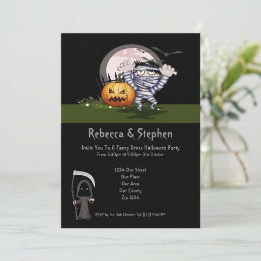 Halloween Party Mummy en Grim Reaper Kaart (Staand voorkant)