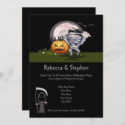 Halloween Party Mummy en Grim Reaper Kaart (Voorkant / Achterkant)