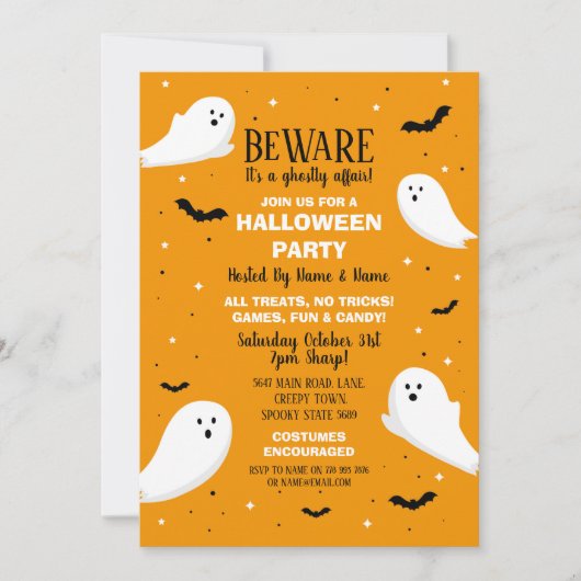 Halloween Party Nodig Geesten Oranje Vleermuizen F Kaart (Voorkant)