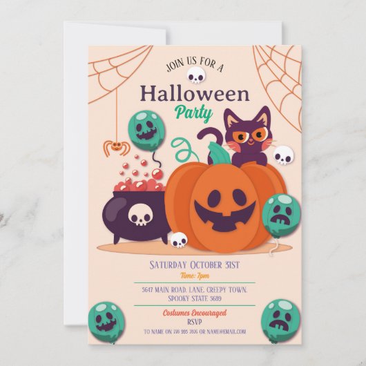 Halloween Party Nodig Geesten Pompoenen Katten Spi Kaart (Voorkant)