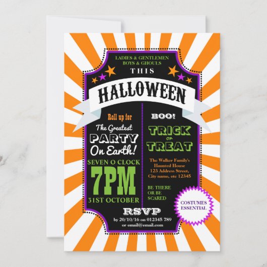Halloween Party Oranje Carnival Circus nodig Kaart (Voorkant)