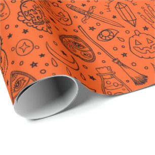 Halloween Party Oranje Doodle Patroon Cadeaupapier