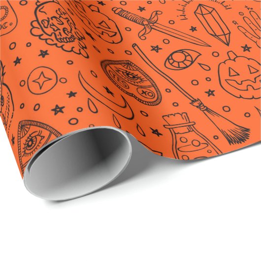 Halloween Party Oranje Doodle Patroon Cadeaupapier (Rol Hoek)