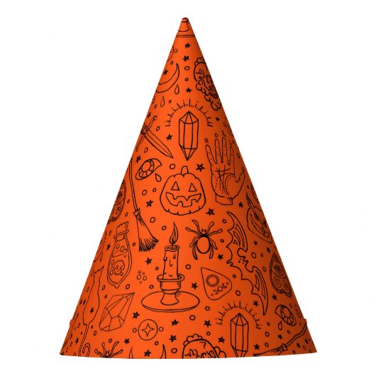 Halloween Party Oranje Doodle Patroon Feesthoedjes (Voorkant)