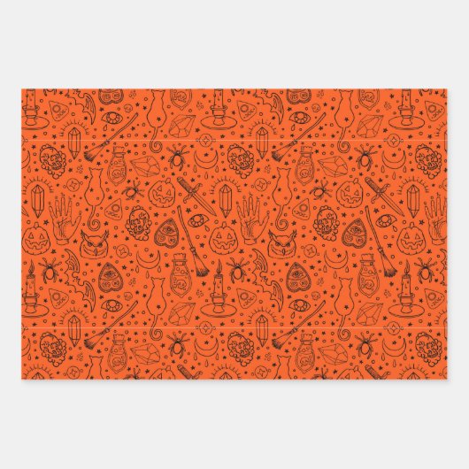 Halloween Party Oranje Doodle Patroon Inpakpapier Vel (Voorkant)
