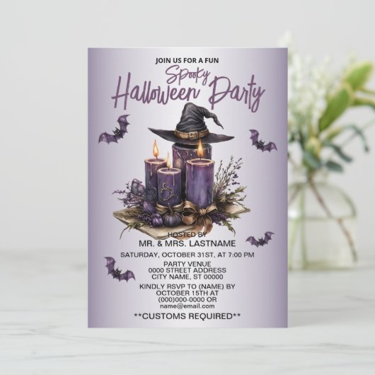 Halloween Party Paarse Kaarsen Vleermuizen Spooky Kaart (Staand voorkant)