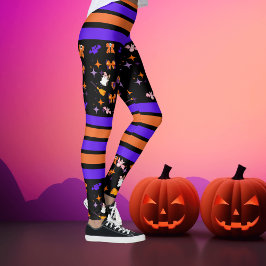 Halloween Party Paarse & Oranje Strepen Leggings