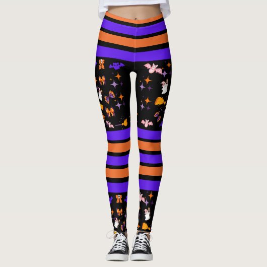 Halloween Party Paarse & Oranje Strepen Leggings (Voorkant)